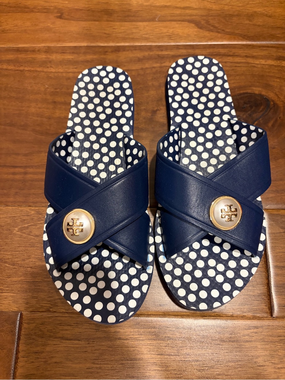 Tory Burch Navy Blue Polka Dot Slide Sandals with Gold Logo